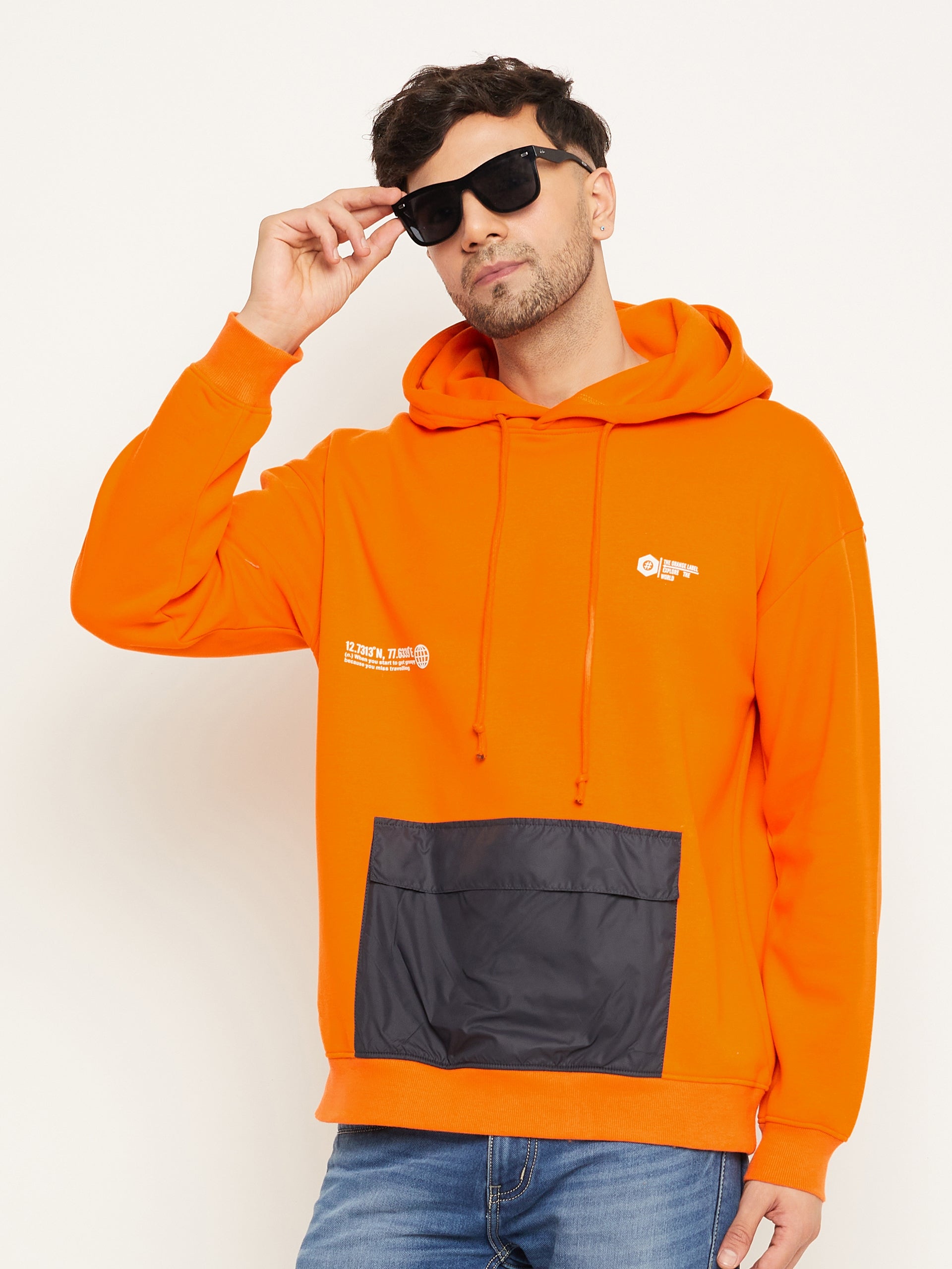Orange Printed Full Sleeve Hooded Sweatshirt