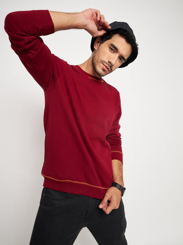 Wine Solid Full Sleeve Round Neck Sweatshirt