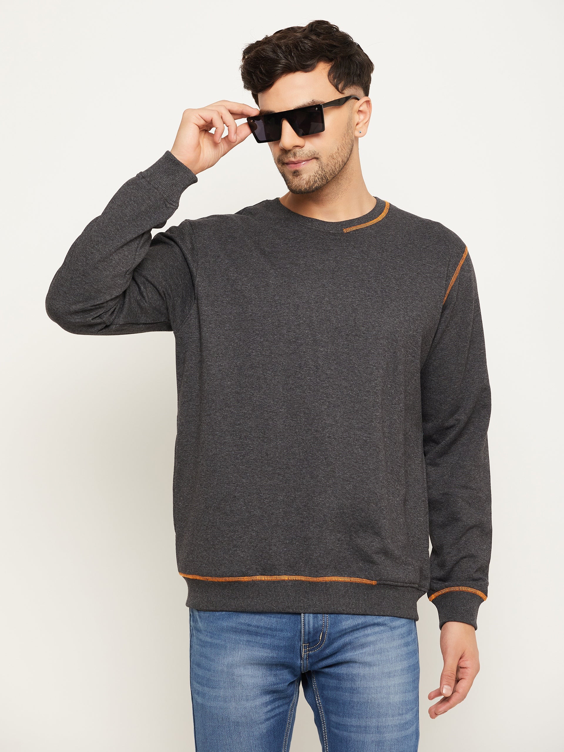 Anthra Melange Solid Full Sleeve Round Neck Sweatshirt