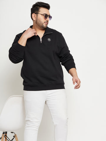 Black Solid Full Sleeve Mock Neck Plus Size Sweatshirt