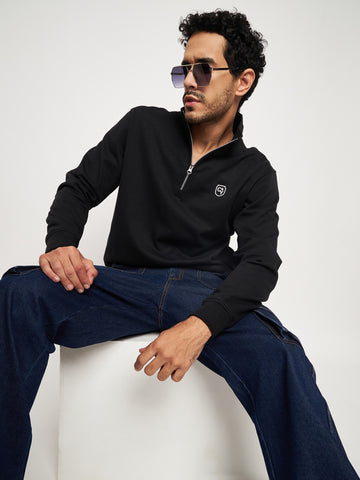 Black Solid Full Sleeve Mock Neck Sweatshirt