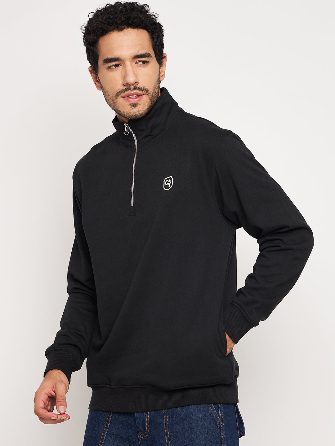 Black Solid Full Sleeve Mock Neck Sweatshirt