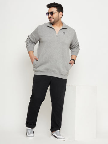 Light Grey Solid Full Sleeve Mock Neck Plus Size Sweatshirt