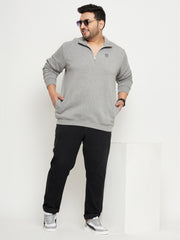 Light Grey Solid Full Sleeve Mock Neck Plus Size Sweatshirt