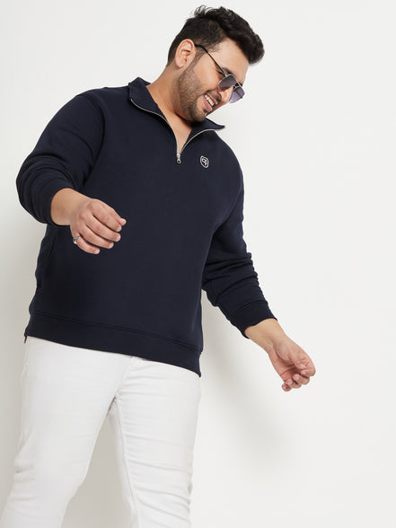 Navy Solid Full Sleeve Mock Neck Plus Size Sweatshirt