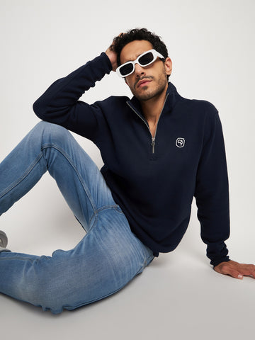 Navy Solid Full Sleeve Mock Neck Sweatshirt