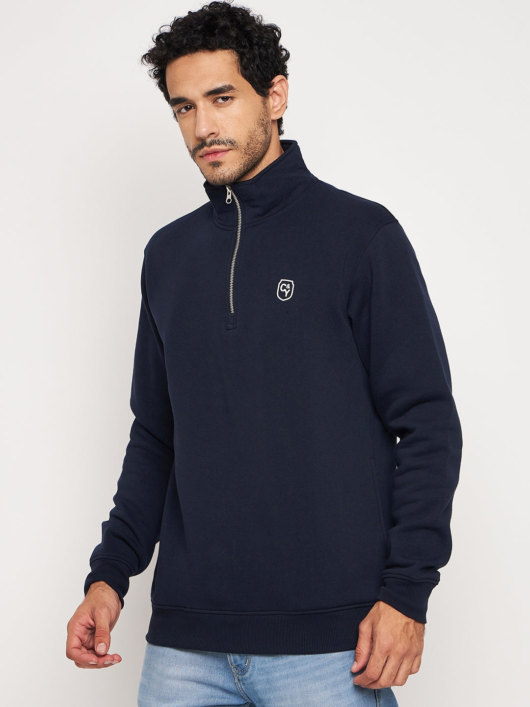 Navy Solid Full Sleeve Mock Neck Sweatshirt