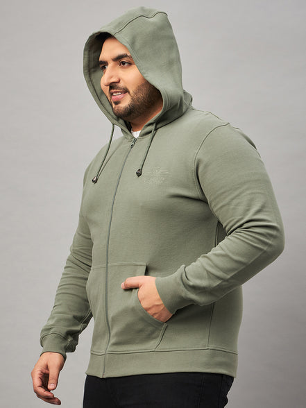 Pista Green Solid Full Sleeve Hooded Plus Size Sweatshirt