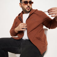 Chocolate Brown Solid Full Sleeve Hooded Plus Size Sweatshirt