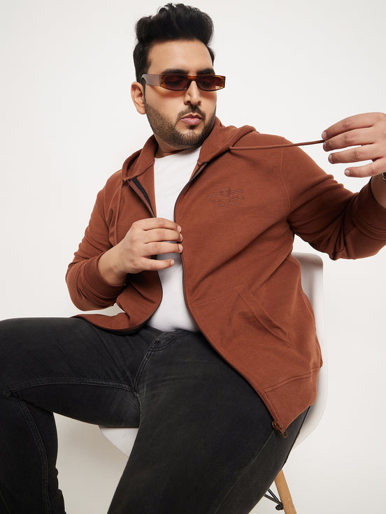 Chocolate Brown Solid Full Sleeve Hooded Plus Size Sweatshirt