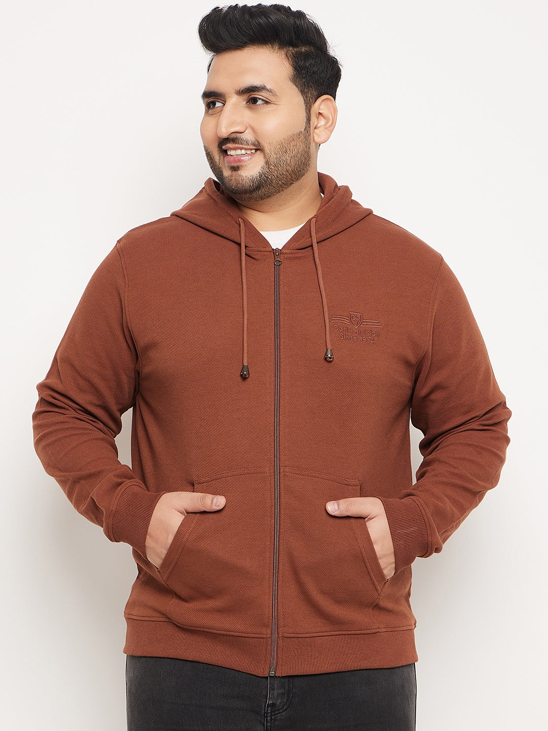 Chocolate Brown Solid Full Sleeve Hooded Plus Size Sweatshirt