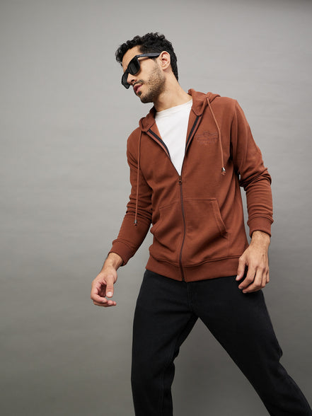 Chocolate Brown Solid Full Sleeve Hooded Sweatshirt