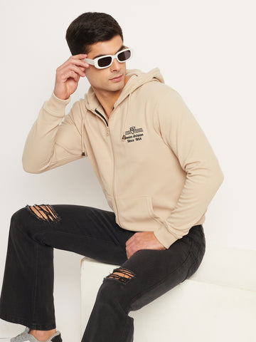 Beige Solid Full Sleeve Hooded Plus Size Sweatshirt