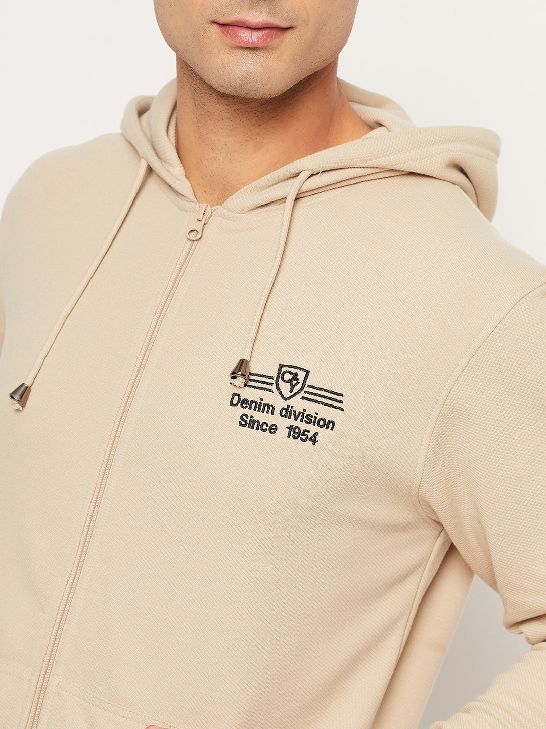 Beige Solid Full Sleeve Hooded Plus Size Sweatshirt