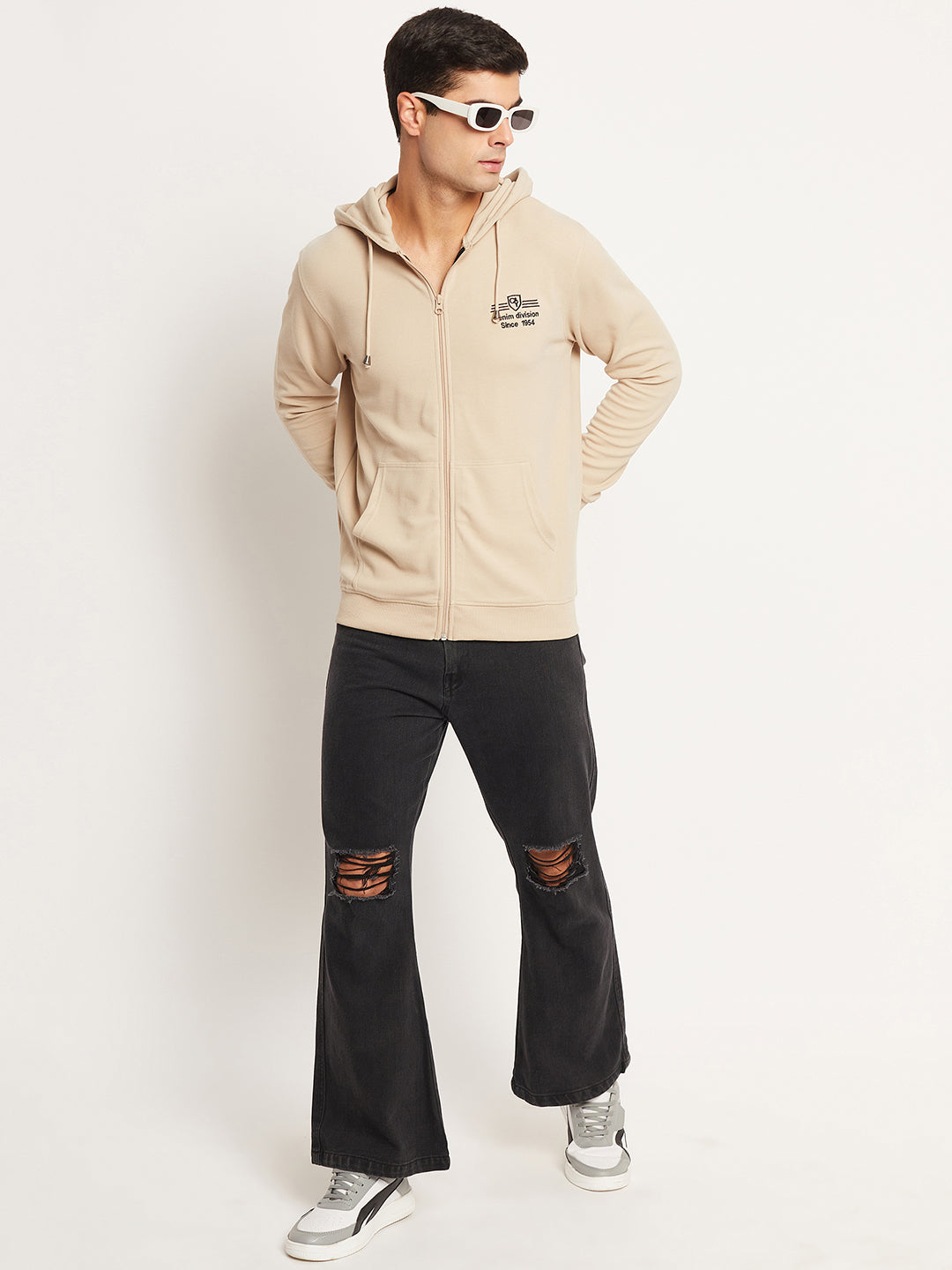 Beige Solid Full Sleeve Hooded Plus Size Sweatshirt