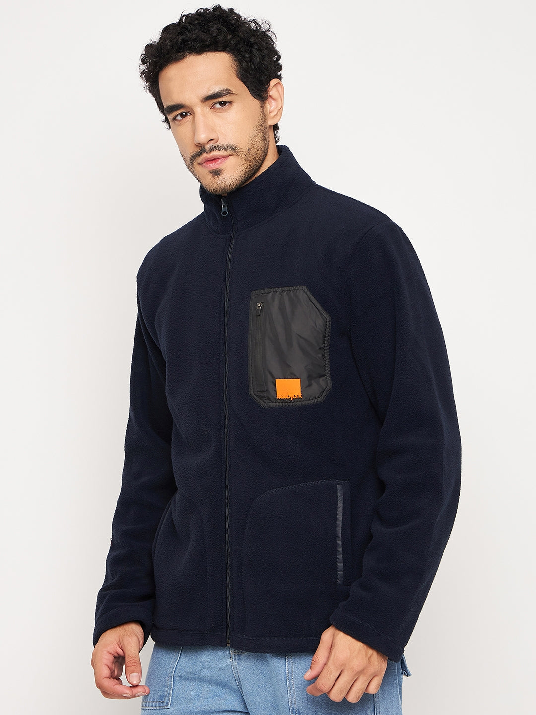 Navy Colorblocked Full Sleeve Mock Neck Sweatshirt