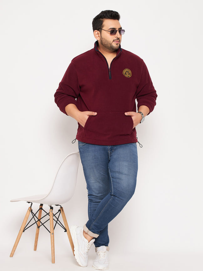Wine Solid Full Sleeve Mock Neck Plus Size Sweatshirt