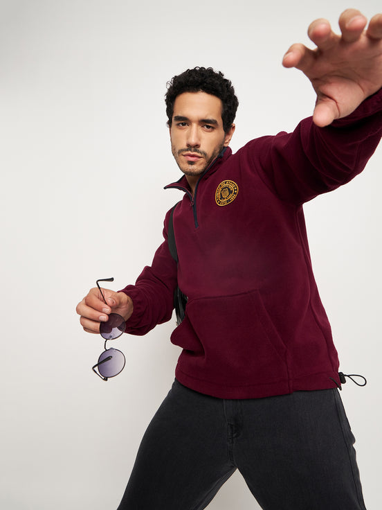 Wine Solid Full Sleeve Mock Neck Sweatshirt