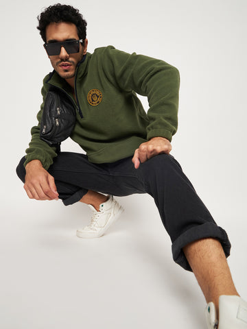 Olive Green Solid Full Sleeve Mock Neck Sweatshirt