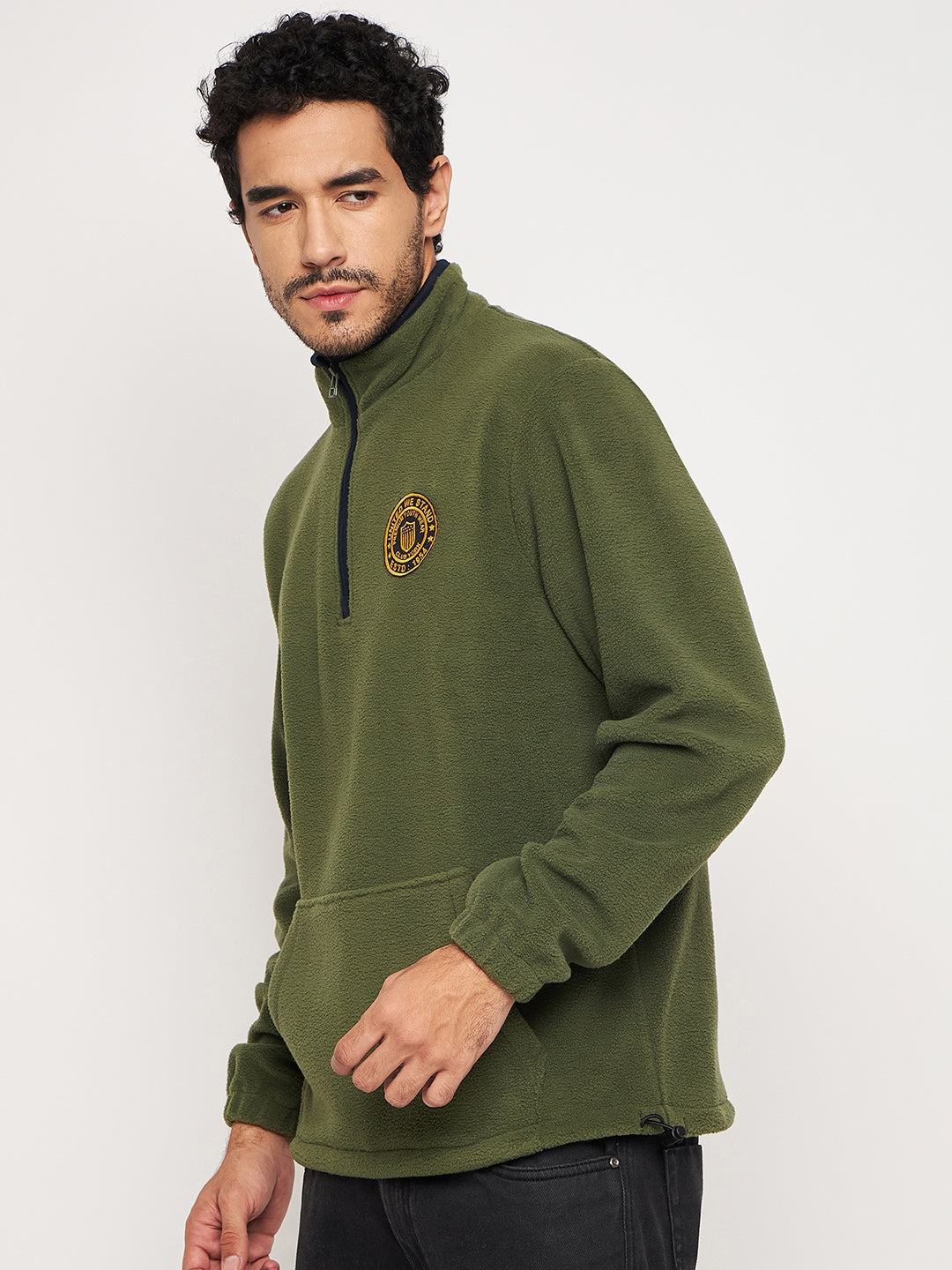 Olive Green Solid Full Sleeve Mock Neck Sweatshirt