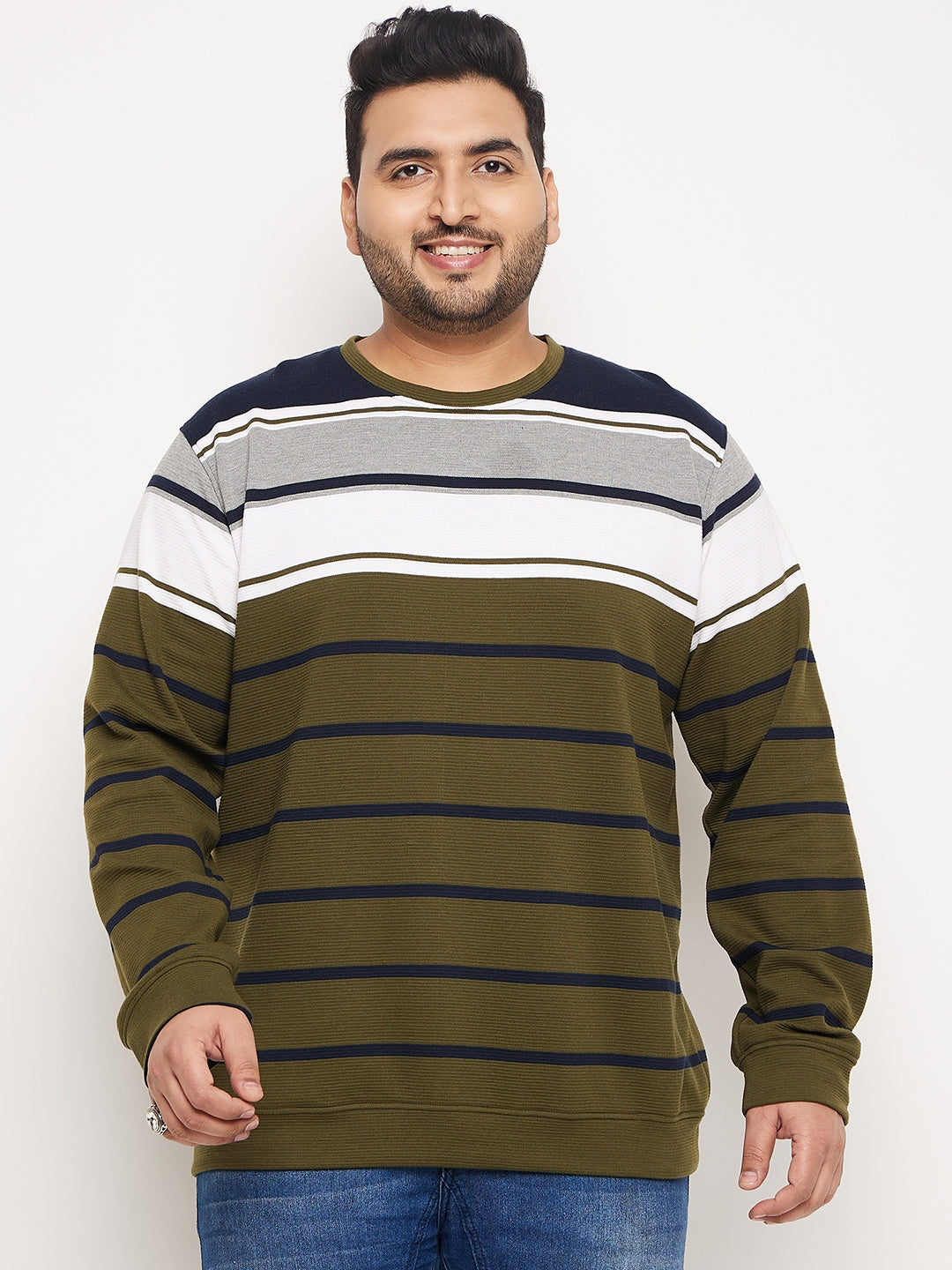 Multicolor Striped Full Sleeve Round Neck Plus Size Sweatshirt