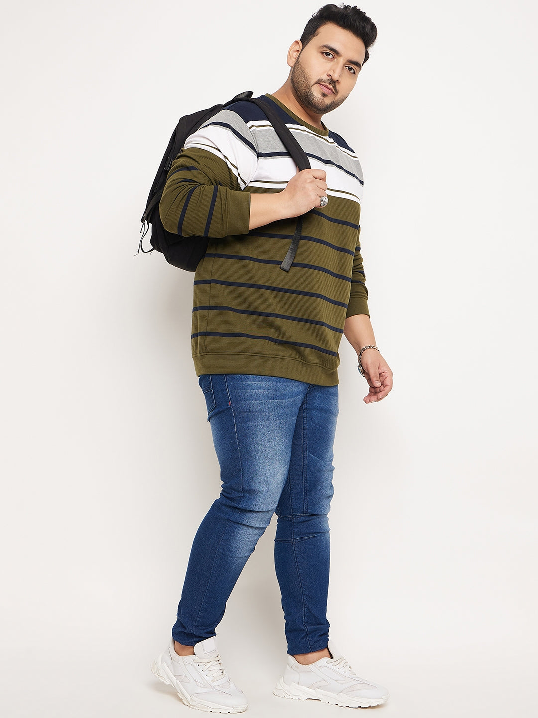 Multicolor Striped Full Sleeve Round Neck Plus Size Sweatshirt