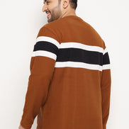 Brown Striped Full Sleeve Round Neck Plus Size Sweatshirt