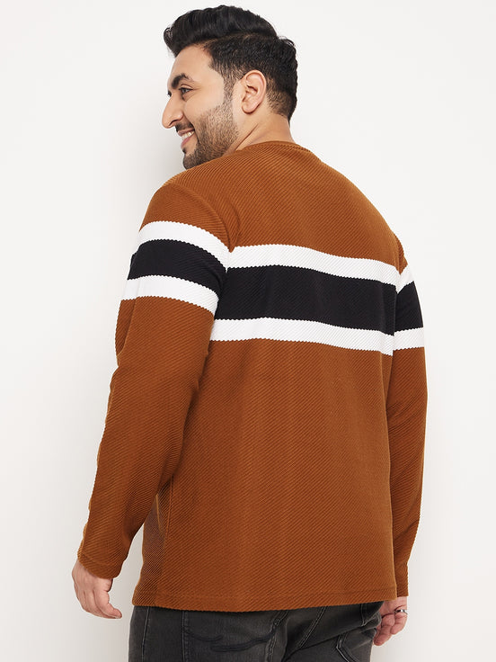 Brown Striped Full Sleeve Round Neck Plus Size Sweatshirt