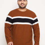 Brown Striped Full Sleeve Round Neck Plus Size Sweatshirt