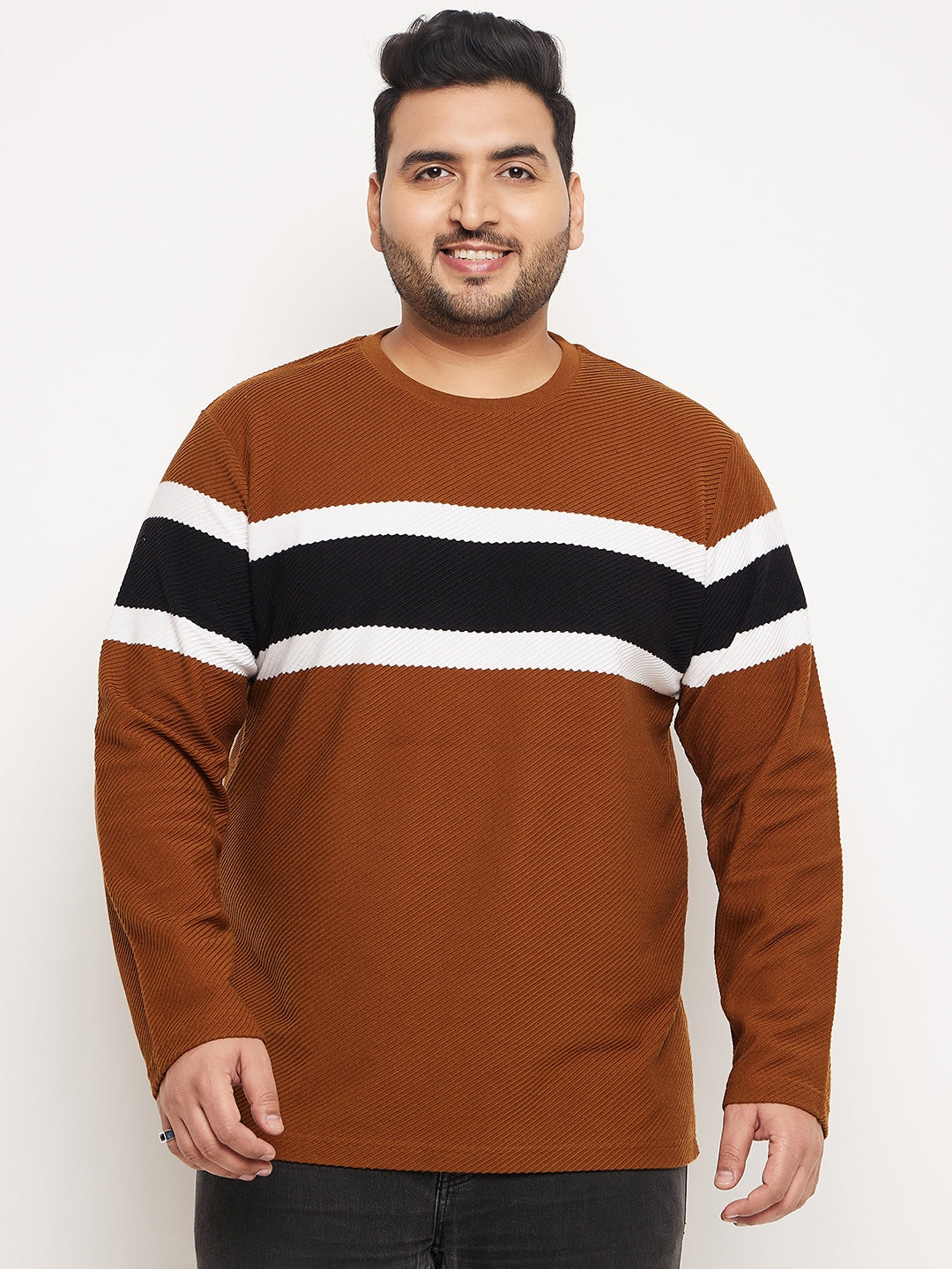 Brown Striped Full Sleeve Round Neck Plus Size Sweatshirt