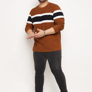 Brown Striped Full Sleeve Round Neck Plus Size Sweatshirt