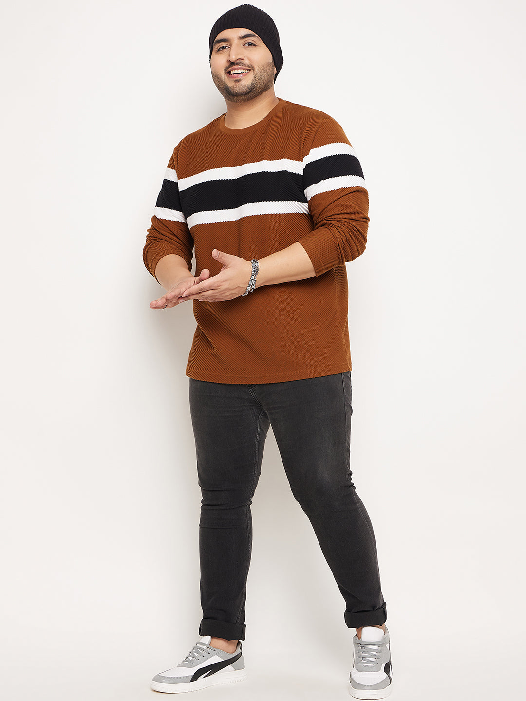 Brown Striped Full Sleeve Round Neck Plus Size Sweatshirt