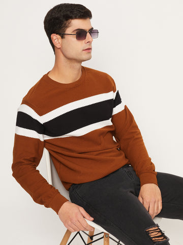 Brown Striped Full Sleeve Round Neck Sweatshirt