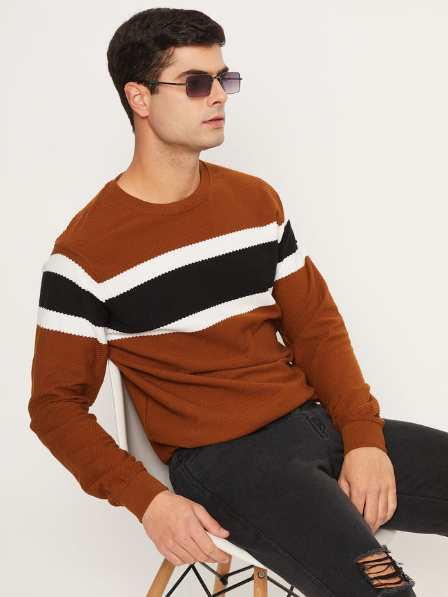 Brown Striped Full Sleeve Round Neck Sweatshirt