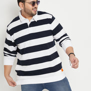 White Navy Blue Striped Polo Neck Plus Size Sweatshirt