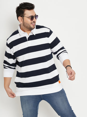 White Navy Blue Striped Polo Neck Plus Size Sweatshirt