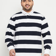 White Navy Blue Striped Polo Neck Plus Size Sweatshirt