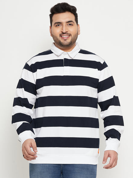 White Navy Blue Striped Polo Neck Plus Size Sweatshirt