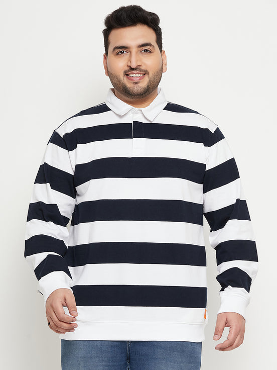 White Navy Blue Striped Polo Neck Plus Size Sweatshirt