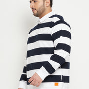 White Navy Blue Striped Polo Neck Plus Size Sweatshirt