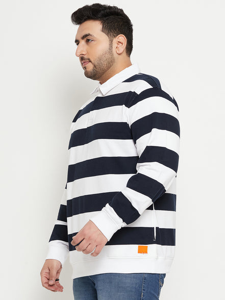 White Navy Blue Striped Polo Neck Plus Size Sweatshirt