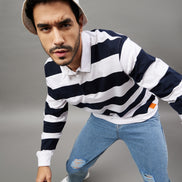 White Navy Blue Striped Polo Neck Sweatshirt