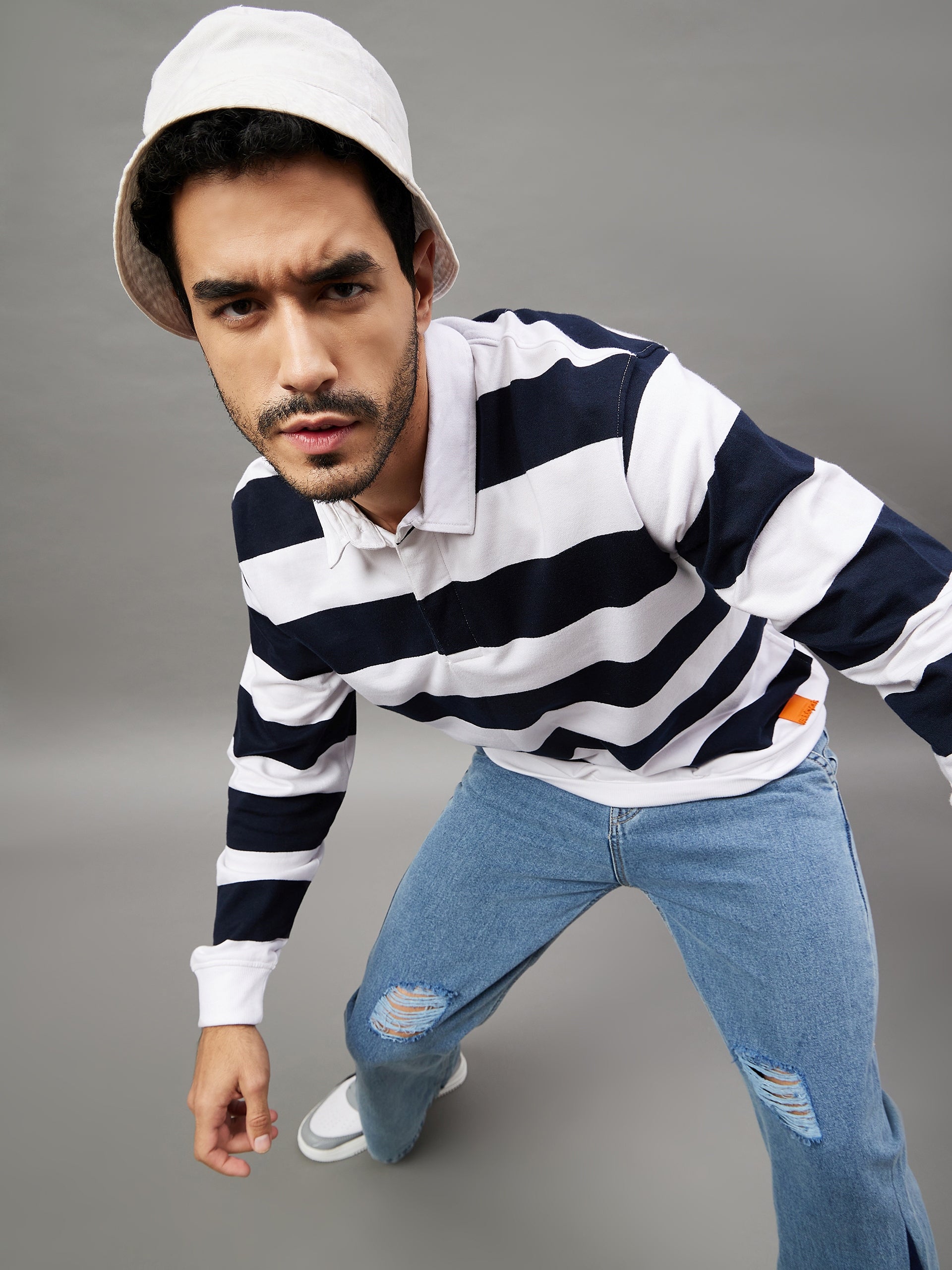 White Navy Blue Striped Polo Neck Sweatshirt