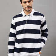 White Navy Blue Striped Polo Neck Sweatshirt