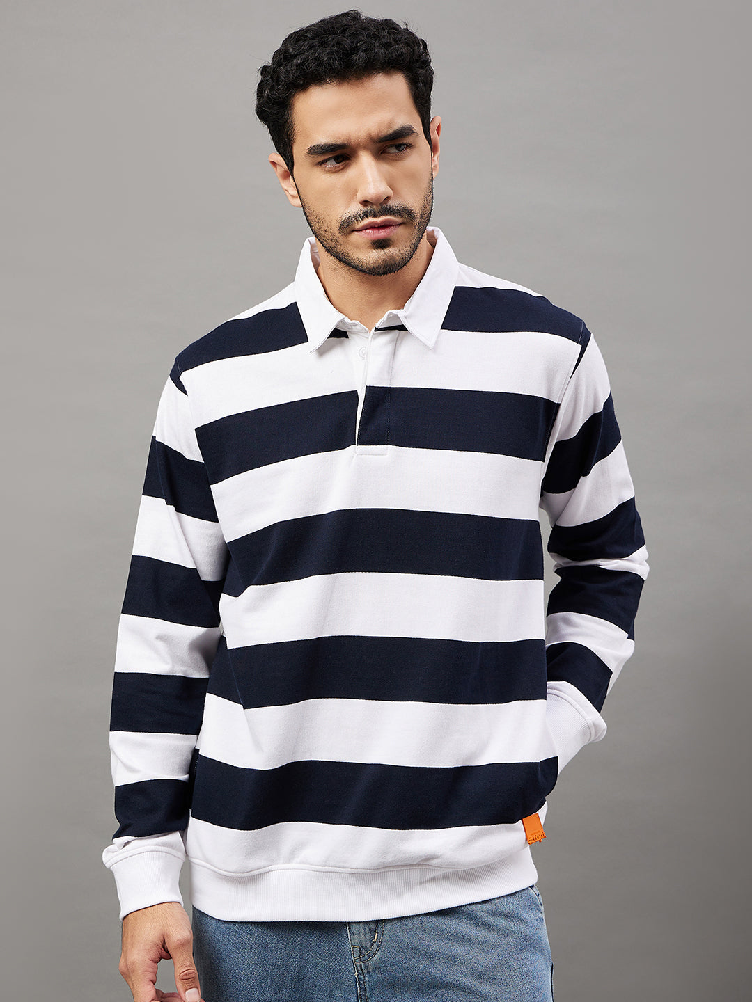 White Navy Blue Striped Polo Neck Sweatshirt