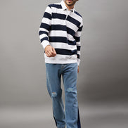 White Navy Blue Striped Polo Neck Sweatshirt