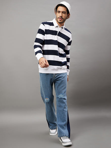 White Navy Blue Striped Polo Neck Sweatshirt