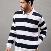 White Navy Blue Striped Polo Neck Sweatshirt