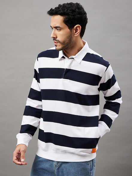 White Navy Blue Striped Polo Neck Sweatshirt