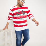White Striped Full Sleeve Round Neck Plus Size Sweatshirt
